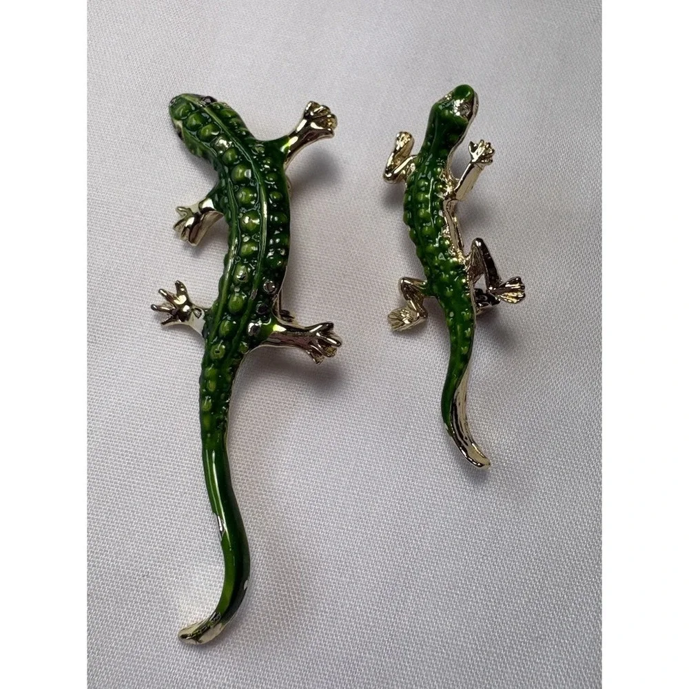 Vintage 80s Green Enamel Lizard Gecko Brooch Pin Set 2pc Mother Baby Reptile